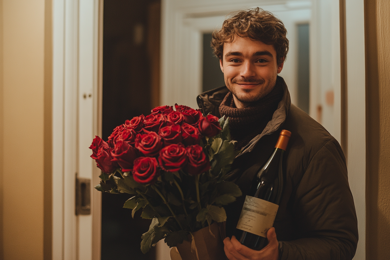 Mann an der Türschwelle, mit Rosen und einer Flasche Wein | Quelle: Midjourney