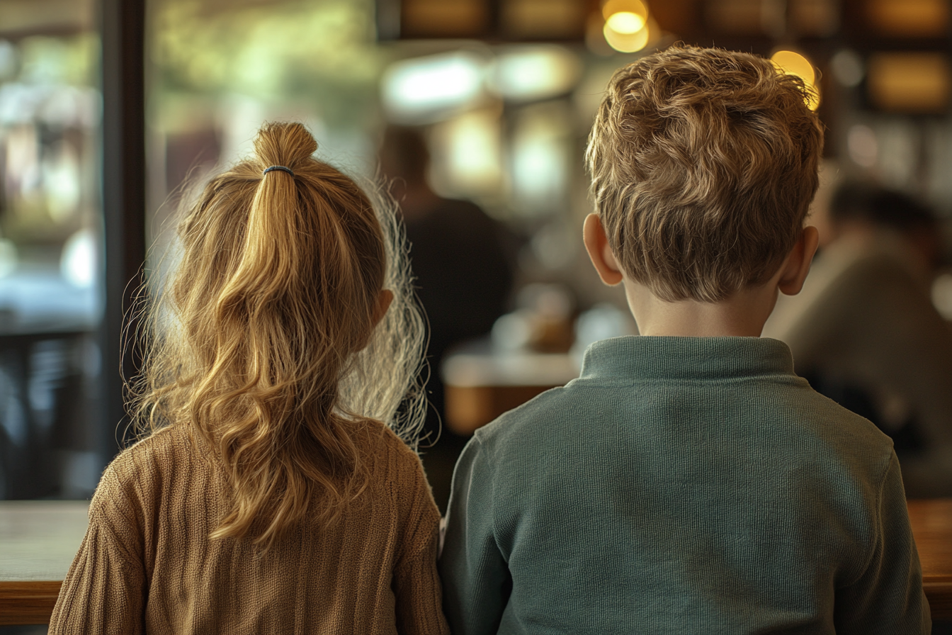 Zwei Kinder sitzen in einem Cafe | Quelle: Midjourney