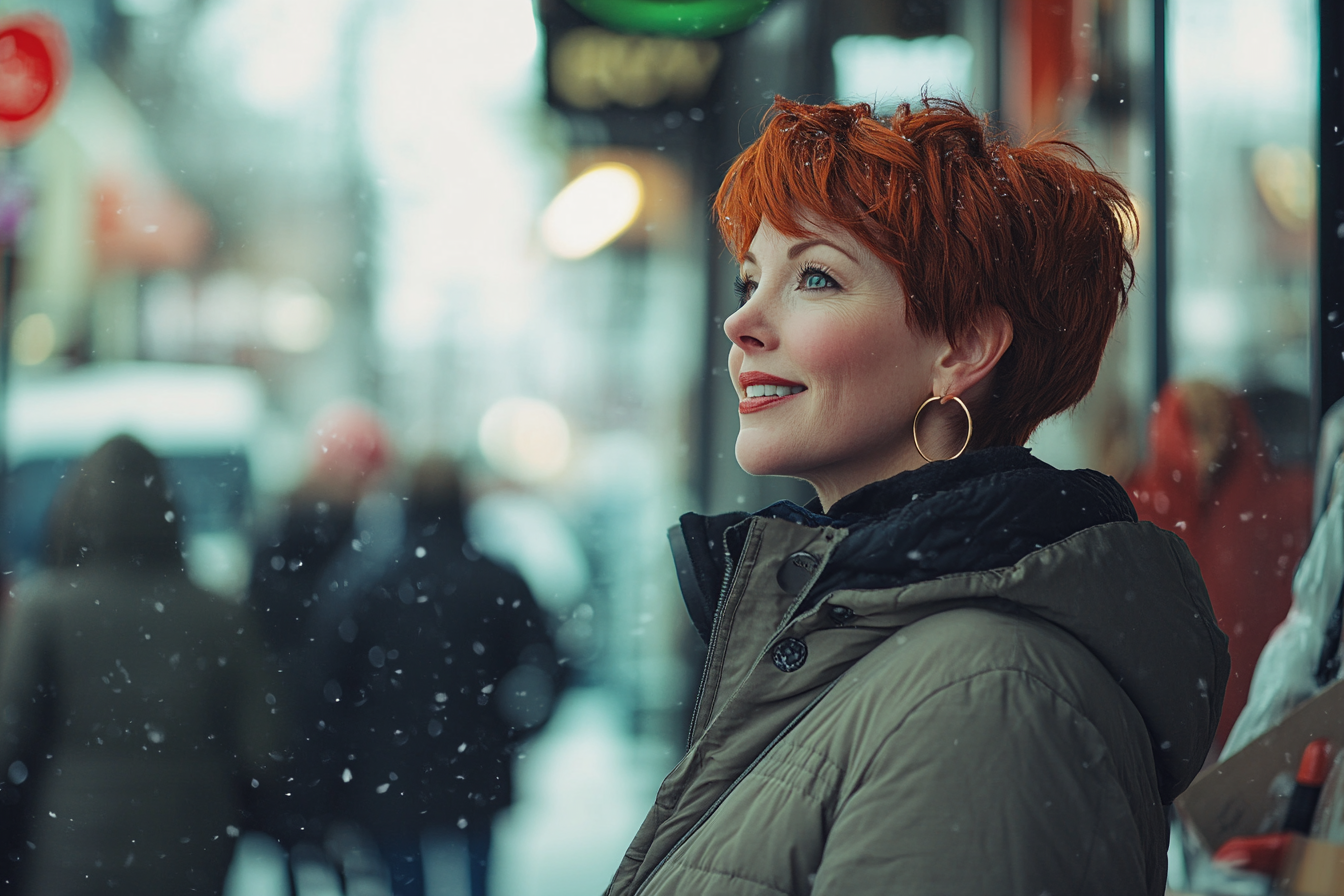 Eine Frau in den späten 30ern lächelt auf einer verschneiten Straße am Tag | Quelle: Midjourney