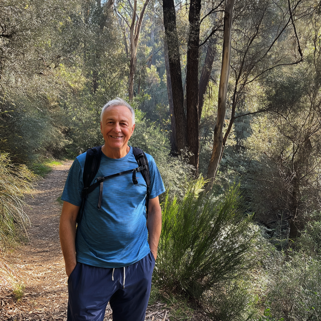 Ein lächelnder älterer Mann während einer Wanderung | Quelle: Midjourney