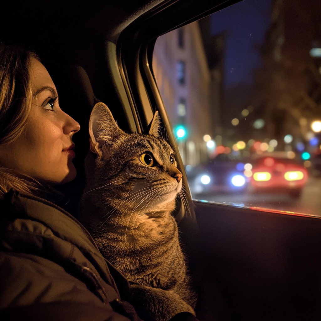 Eine Frau und ihre Katze in einem Auto | Quelle: Midjourney