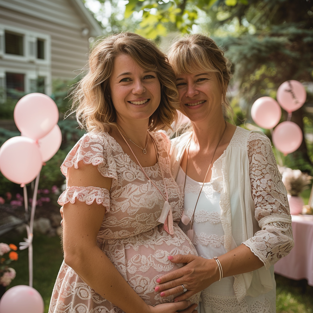 Eine Mutter umarmt ihre schwangere Tochter bei einer Gender Reveal Party | Quelle: Midjourney