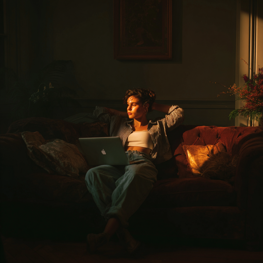 Eine Frau auf einer Couch mit einem Laptop | Quelle: Midjourney