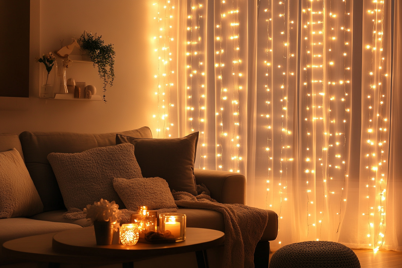 Uma sala de estar decorada com luzes de fada | Fonte: Midjourney