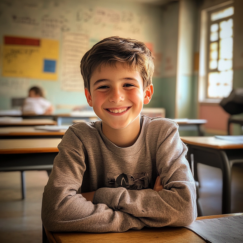 Ein kleiner Junge sitzt in einem Klassenzimmer | Quelle: Midjourney