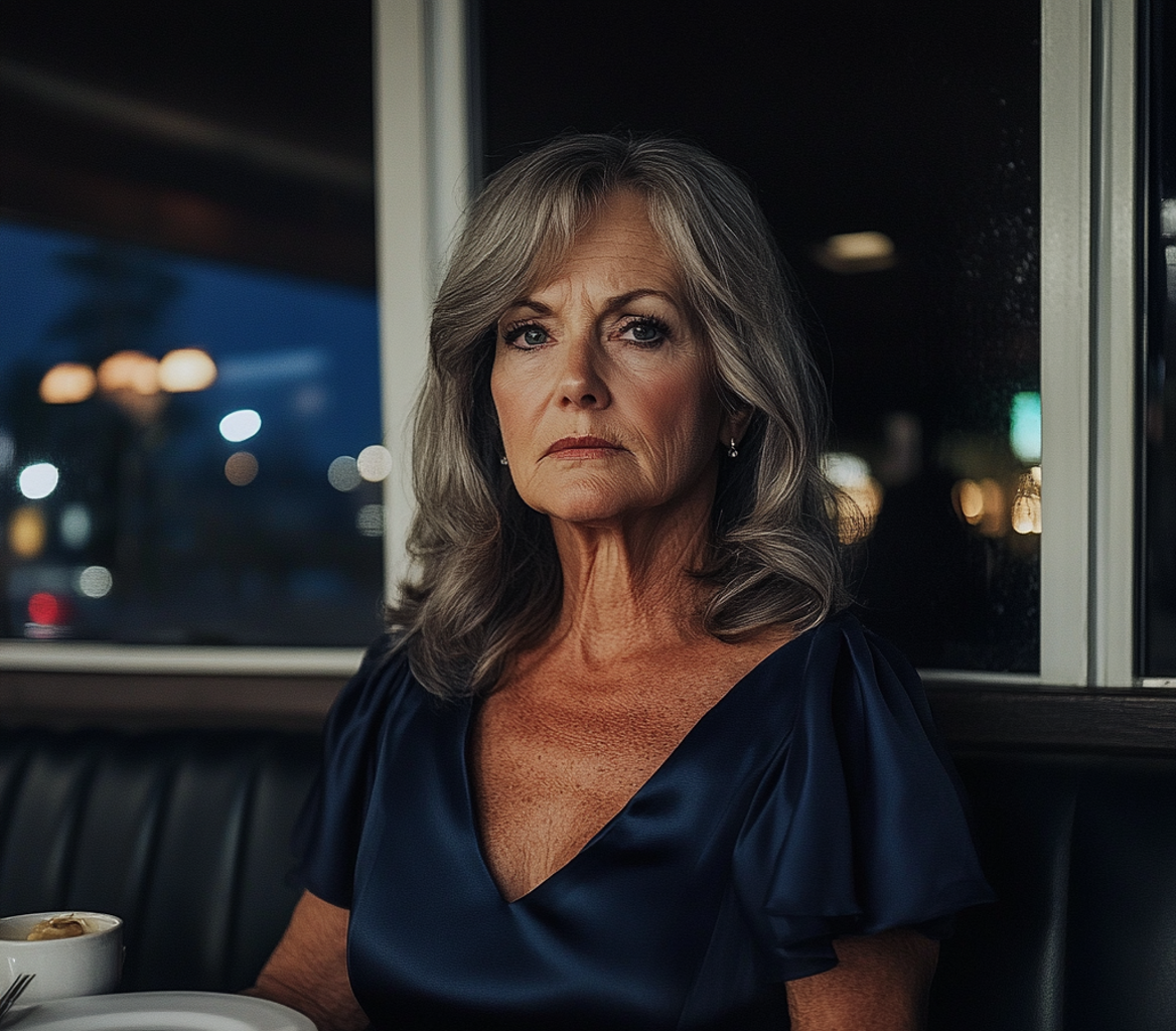 Eine stirnrunzelnde Frau sitzt in einem Diner | Quelle: Midjourney