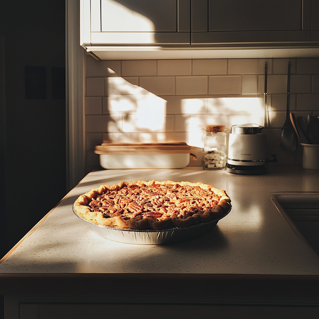 Ein Pekannusskuchen auf einer Theke | Quelle: Midjourney