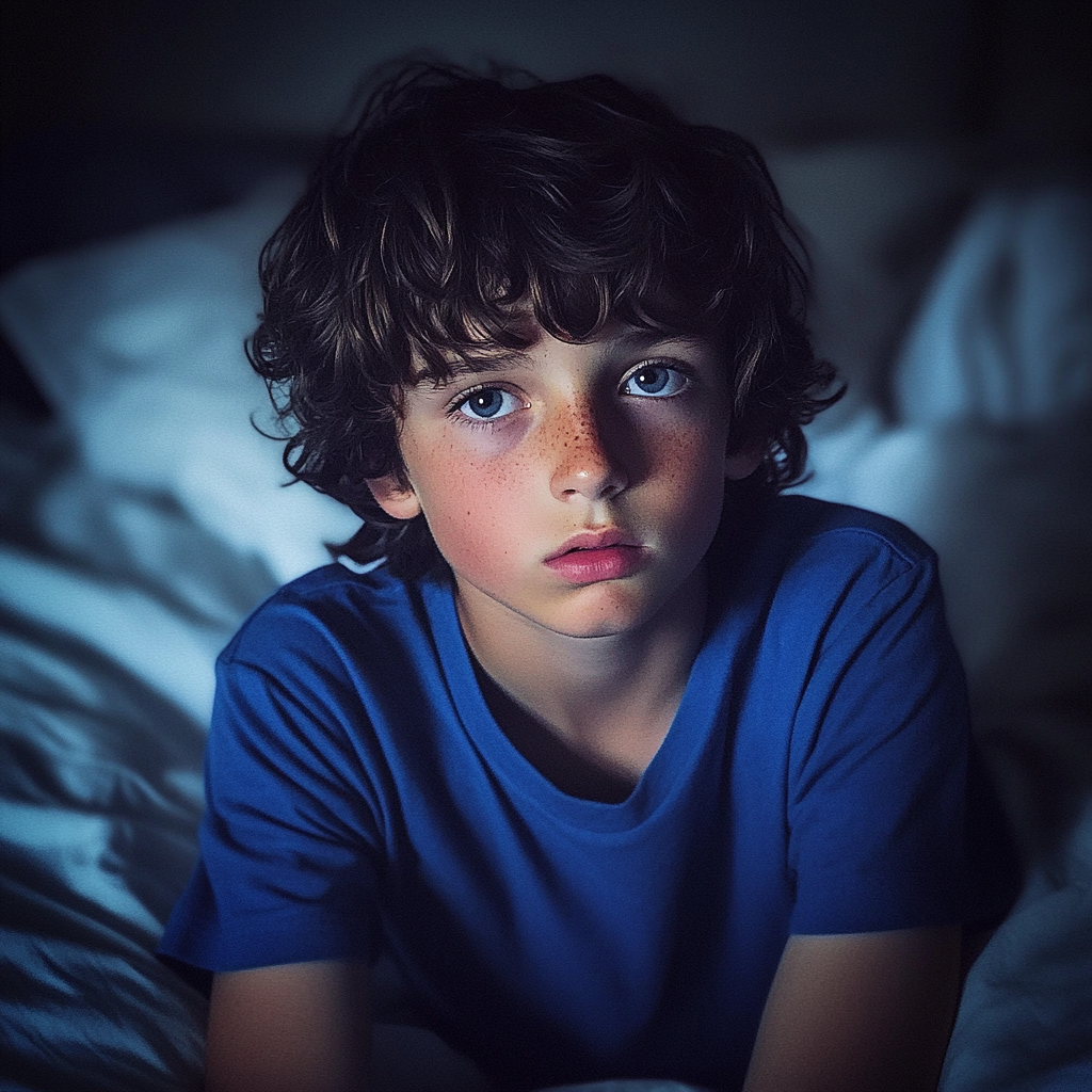 Ein aufgebrachter Junge sitzt auf einem Bett | Quelle: Midjourney