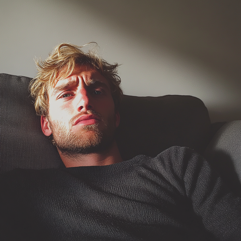 Ein aufgebrachter Mann sitzt auf einer Couch | Quelle: Midjourney