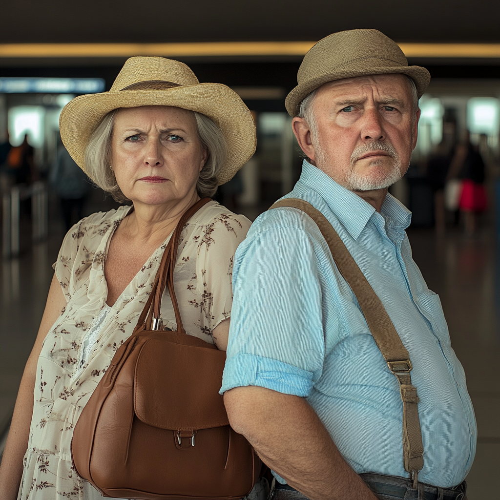 Ein enttäuschtes Paar in einem Flughafen | Quelle: Midjourney