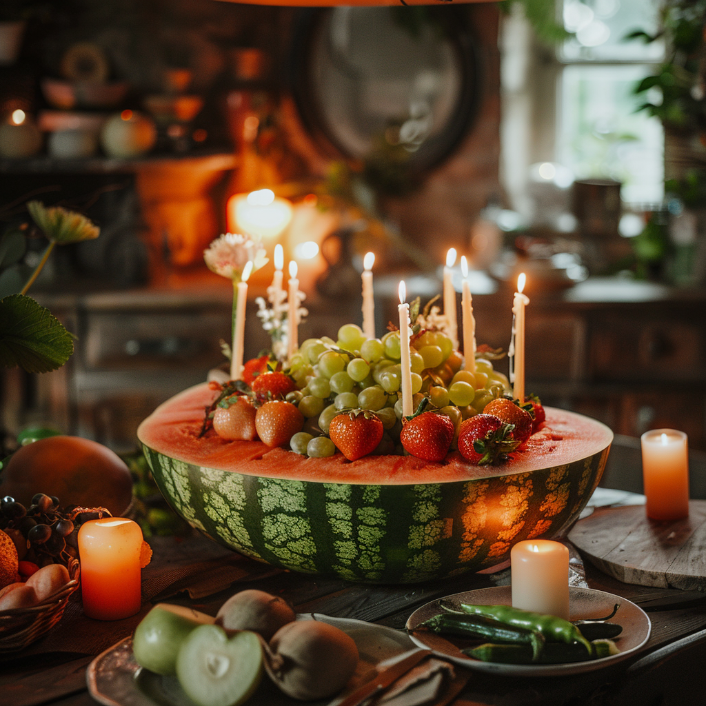 Ein Wassermelonenkuchen, einige geschnittene Früchte und andere Lebensmittel auf einem Tisch | Quelle: Midjourney