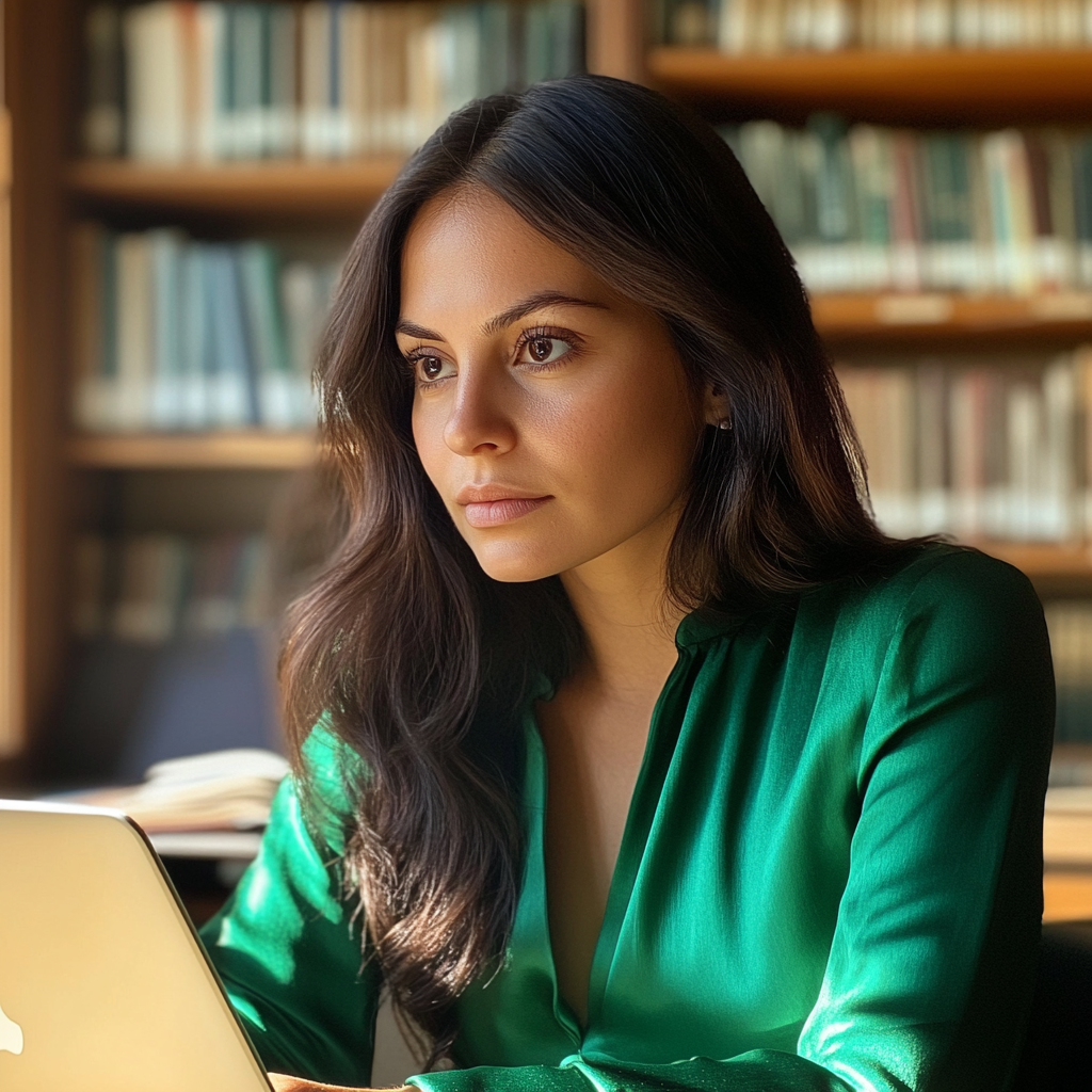 Eine Frau sitzt in einer Bibliothek | Quelle: Midjourney