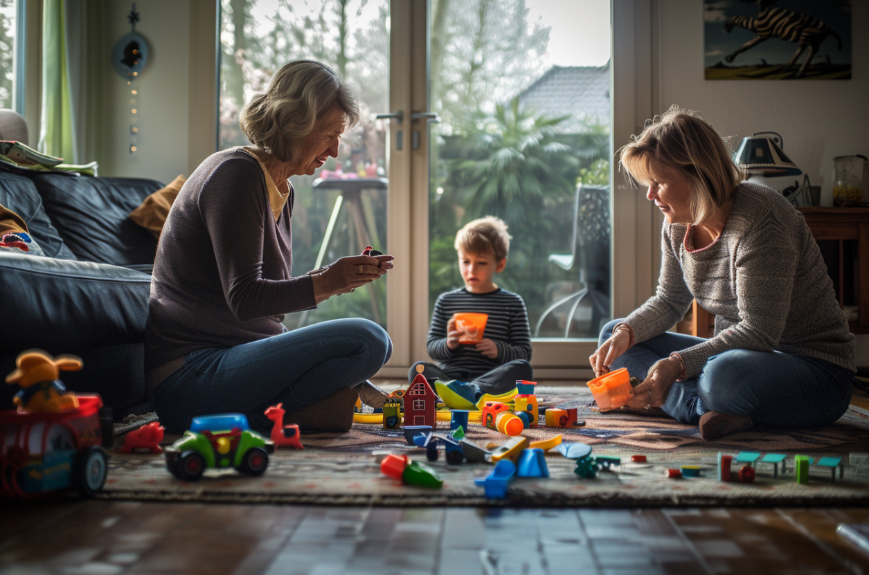 Zwei Frauen spielen mit einem kleinen Jungen | Quelle: MidJourney