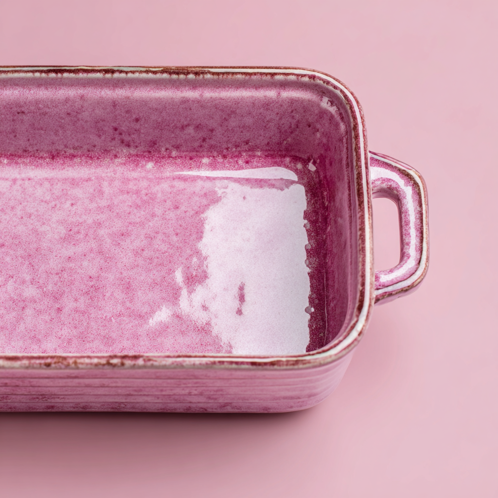 Eine Nahaufnahme einer rosa Auflaufform | Quelle: Midjourney