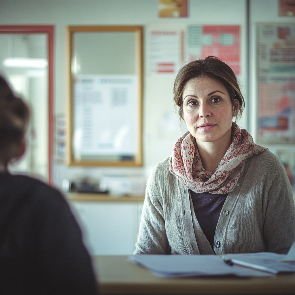 Eine Schulsekretärin im Gespräch mit einer besorgten Lehrerin | Quelle: Midjourney