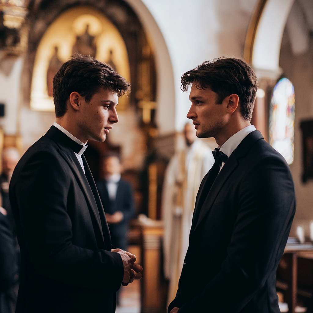 Ein Bräutigam im Gespräch mit einem Priester | Quelle: Midjourney