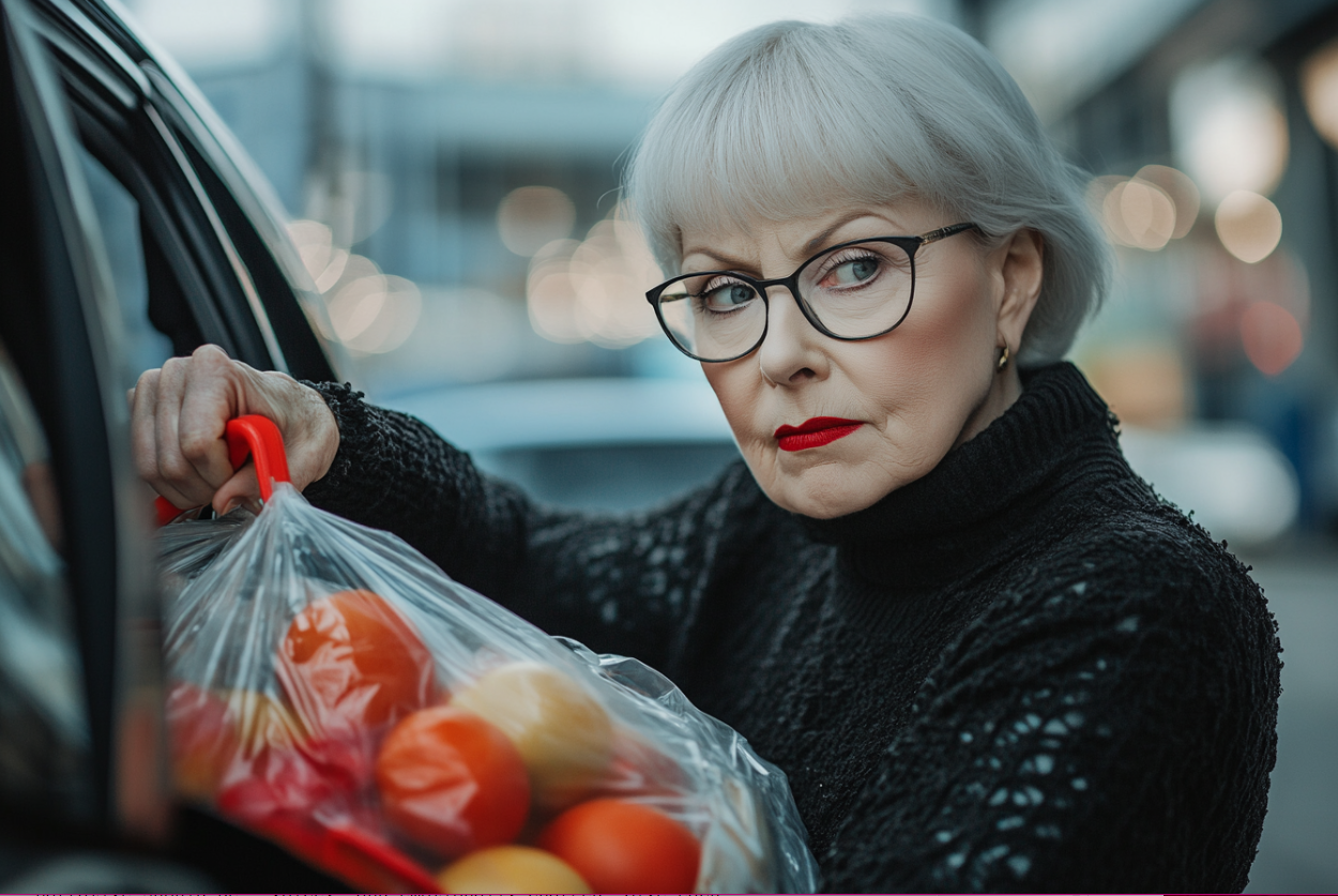 Eine reife Frau lädt Lebensmittel in ein Auto | Quelle: Midjourney