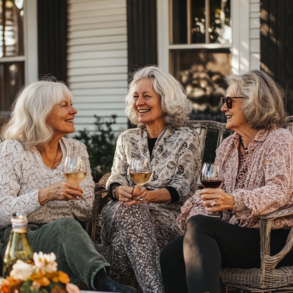 Eine Gruppe von Frauen, die draußen sitzen und Wein trinken | Quelle: Midjourney