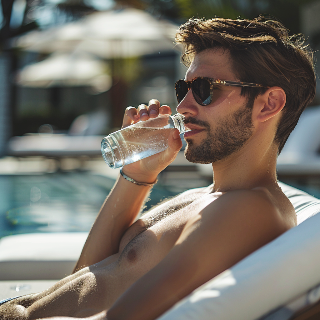 Mann auf der Sonnenbank trinkt Wasser | Quelle: Midjourney
