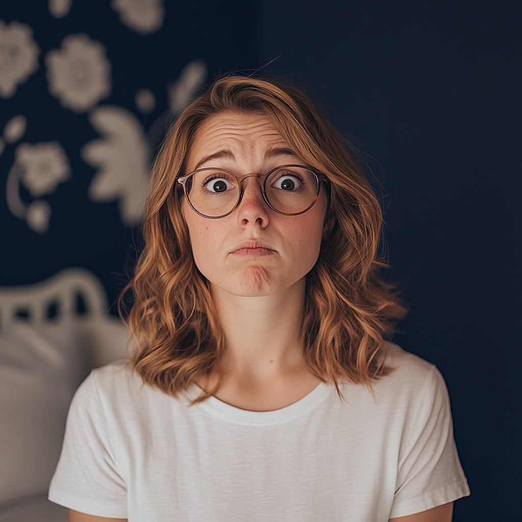 Eine alarmierte Frau in einem Schlafzimmer | Quelle: Midjourney