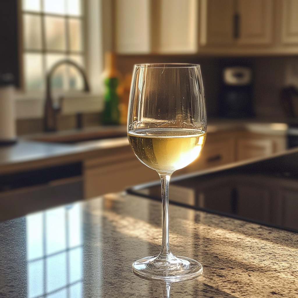 Ein Glas Wein auf einer Küchentheke | Quelle: Midjourney