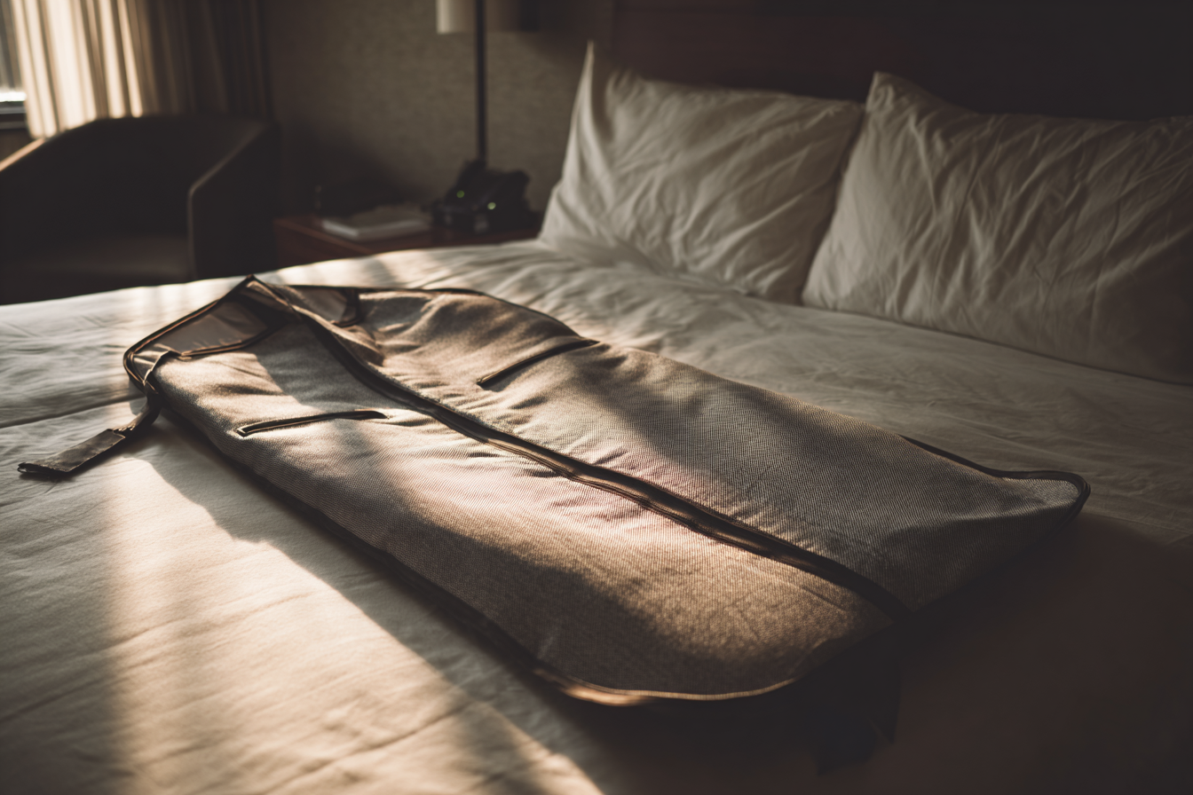Ein Kleidersack auf einem Bett | Quelle: Midjourney