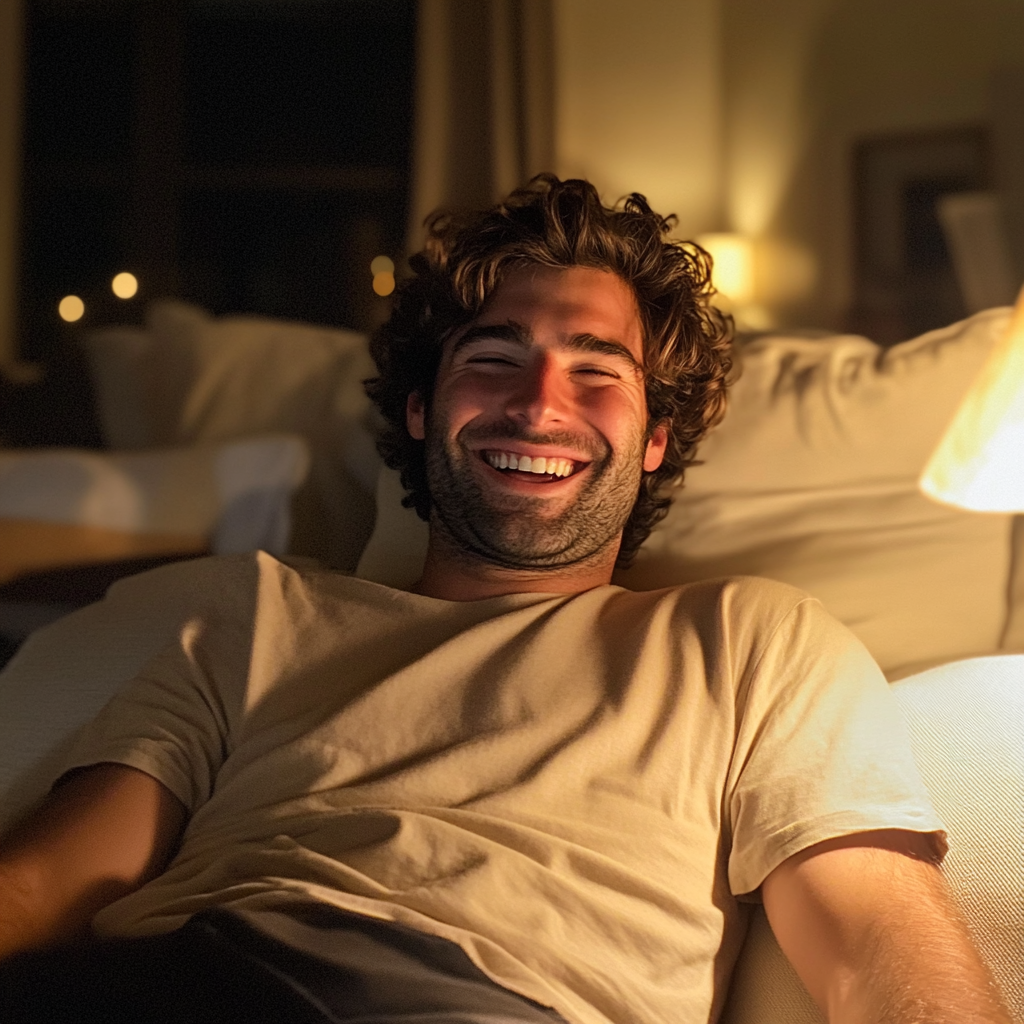 Ein Mann sitzt auf einer Couch und lacht | Quelle: Midjourney