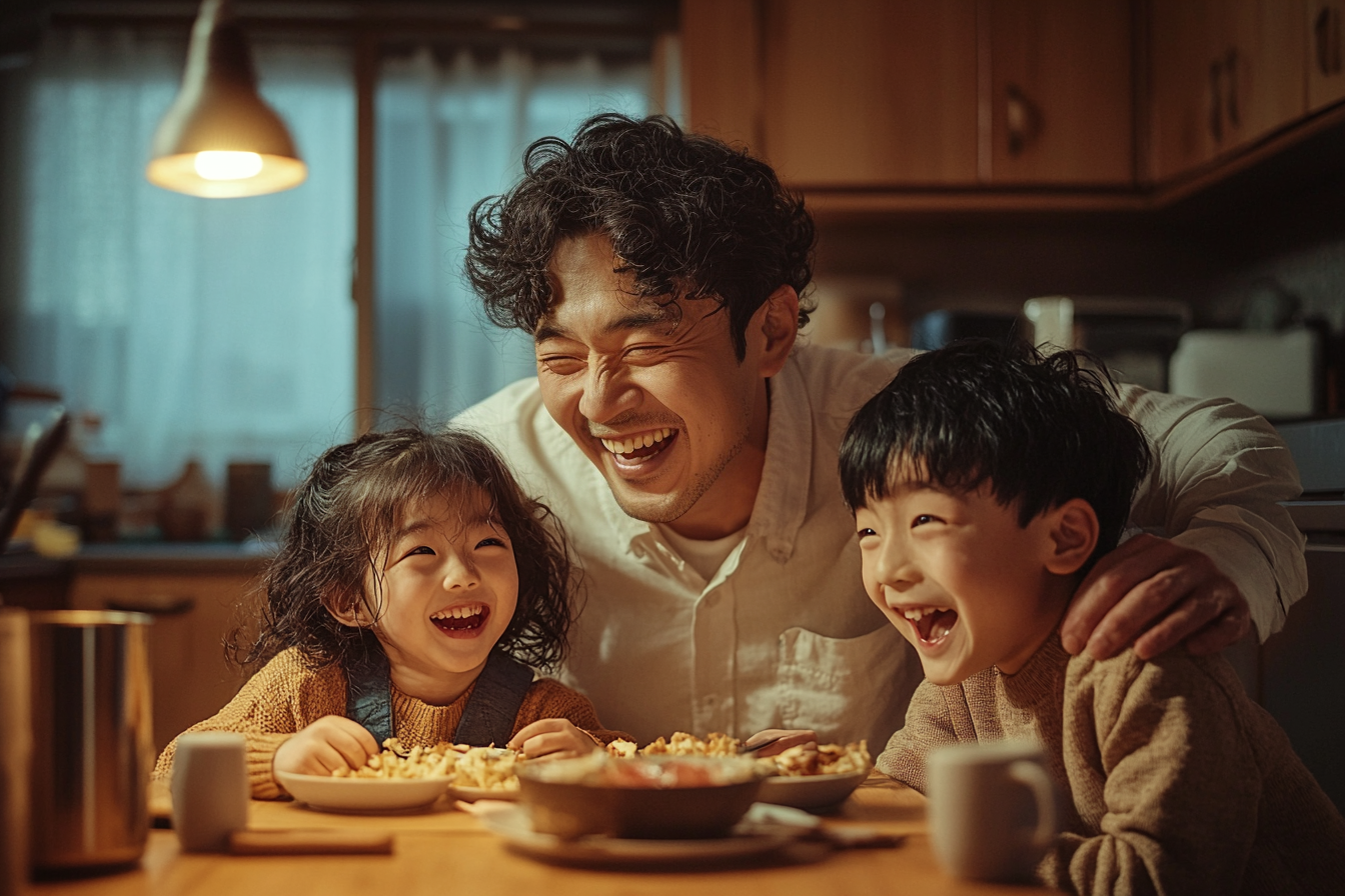 Um homem com filhos gêmeos rindo e sorrindo enquanto jantam na mesa da cozinha | Fonte: Midjourney