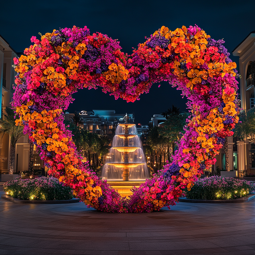 Atemberaubender Blick auf einen Blumenbogen vor einem Springbrunnen | Quelle: Midjourney