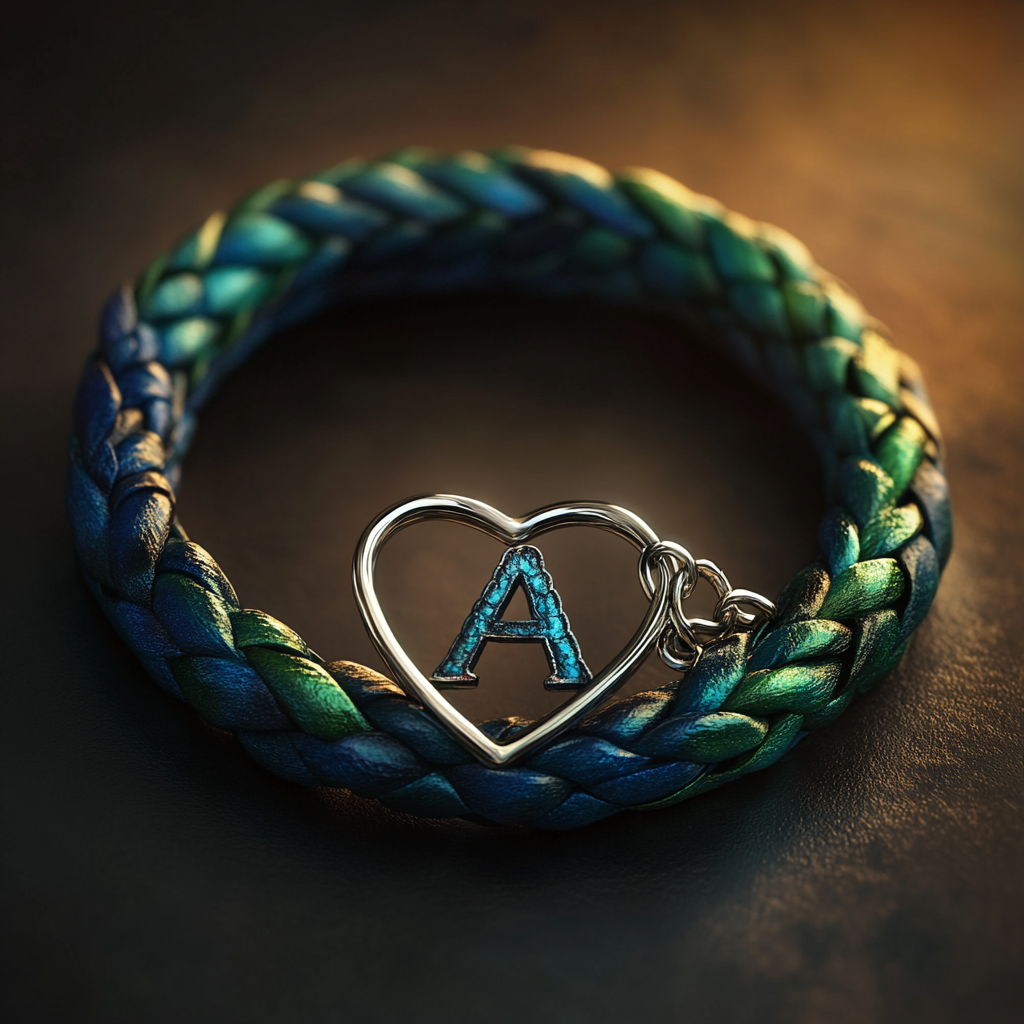 Ein blau und grün geflochtenes Lederarmband mit einer Initiale in einem herzförmigen Ornament | Quelle: Midjourney