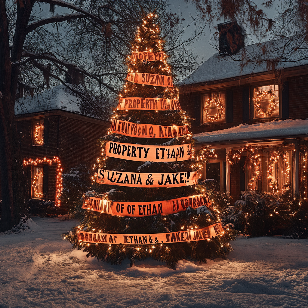 Eine Botschaft auf Klebeband um einen Weihnachtsbaum gewickelt | Quelle: Midjourney