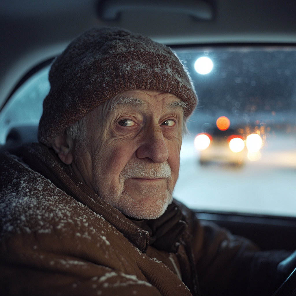 Ein Mann mit einem schwachen Lächeln in einem Auto | Quelle: Midjourney