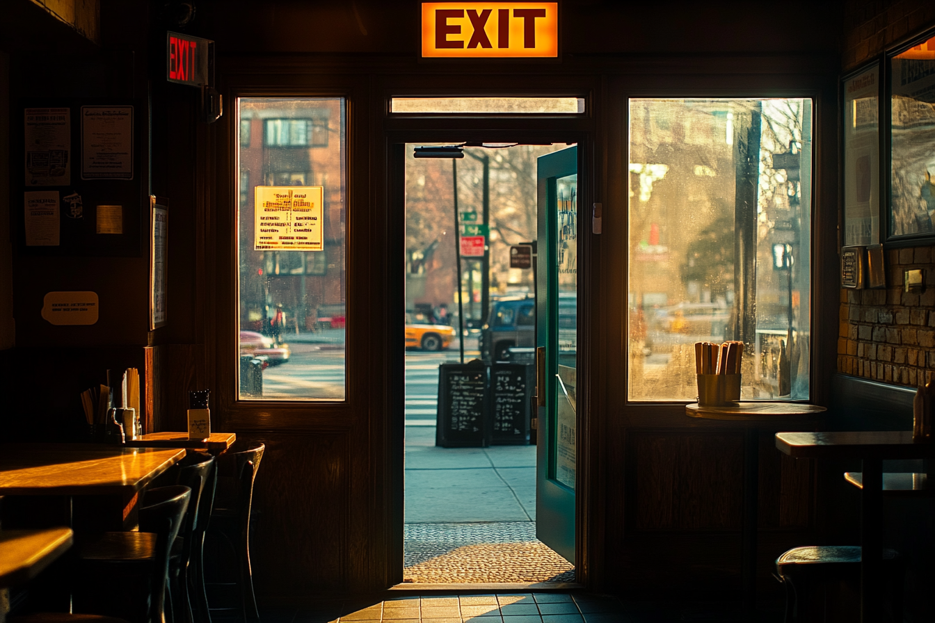 A porta de um café com uma placa de saída | Fonte: Midjourney