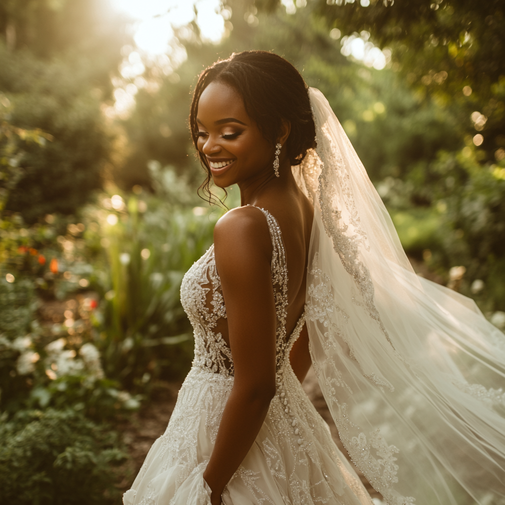 Eine glückliche Frau in einem Hochzeitskleid | Quelle: Midjourney