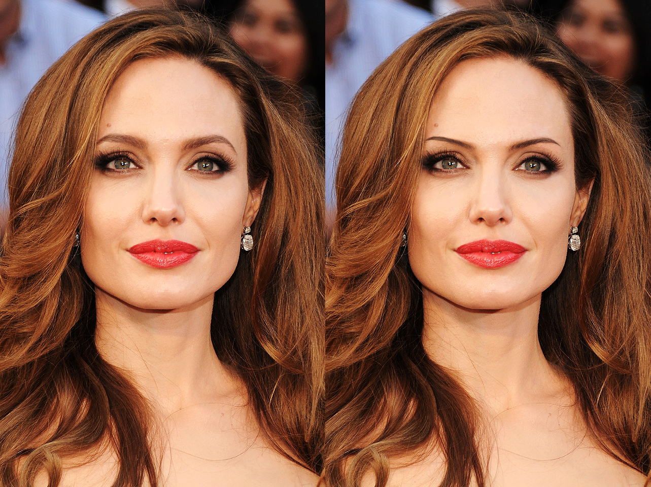 Angelina Jolies ursprüngliche Augenbrauen aus dem Jahr 2012 im Vergleich zu einem digital bearbeiteten Look mit dünnen Brauen | Quelle: Getty Images