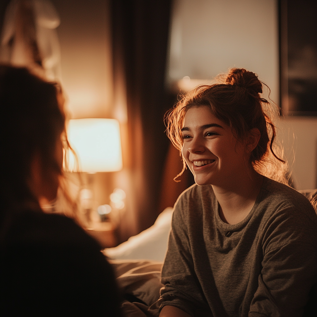 Eine lächelnde Frau im Gespräch mit ihrer Schwester in ihrem Schlafzimmer | Quelle: Midjourney