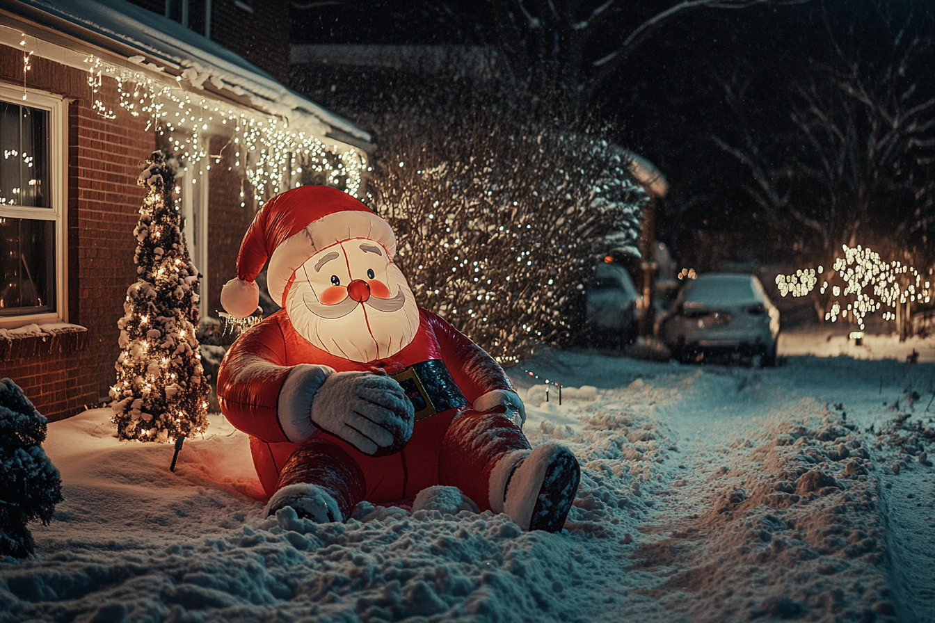 Ein aufblasbarer Weihnachtsmann ist in einem verschneiten Hof umgekippt | Quelle: Midjourney