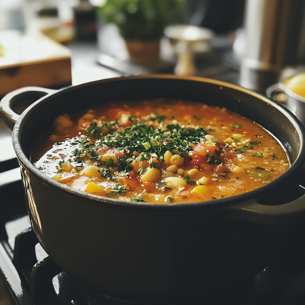Ein Topf mit Suppe auf dem Herd | Quelle: Midjourney