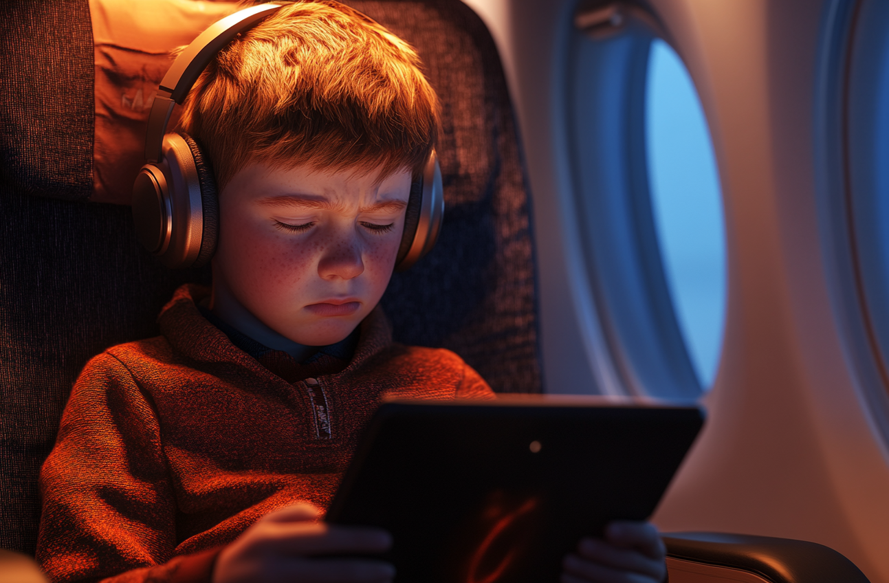 Ein Junge mit Kopfhörern sitzt in einem Flugzeug | Quelle: Midjourney
