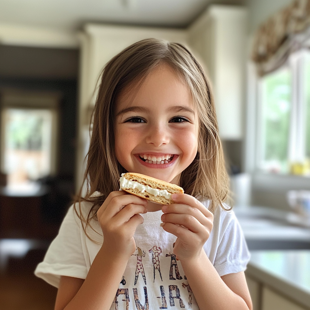 Ein lächelndes kleines Mädchen mit einem Eiscreme-Sandwich in der Hand | Quelle: Midjourney