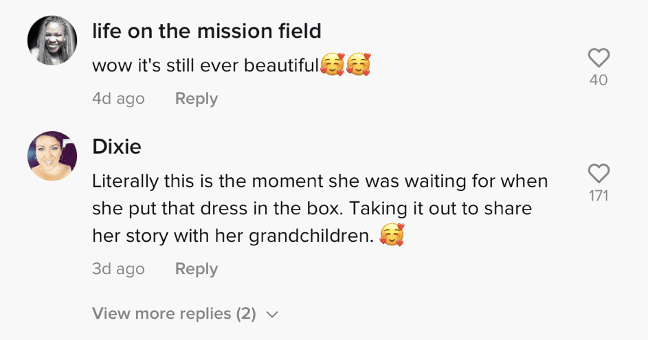 Online Nutzer*innen schrieben herzerwärmende Kommentare zu dem emotionalen TikTok Clip, der das Hochzeitskleid der Großmutter zeigt. | Quelle: Tiktok.com/_darth_kater