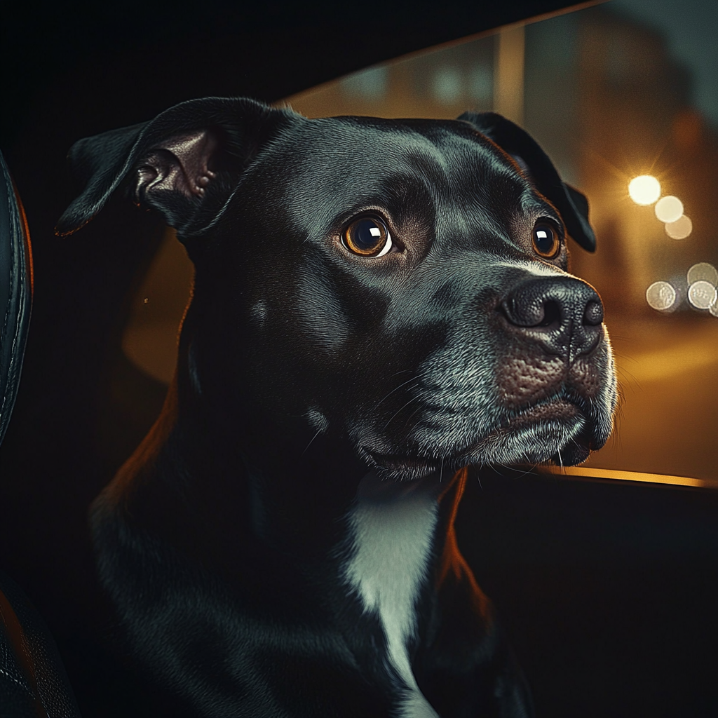 Ein schwarzer Pitbull sitzt in einem Auto | Quelle: Midjourney