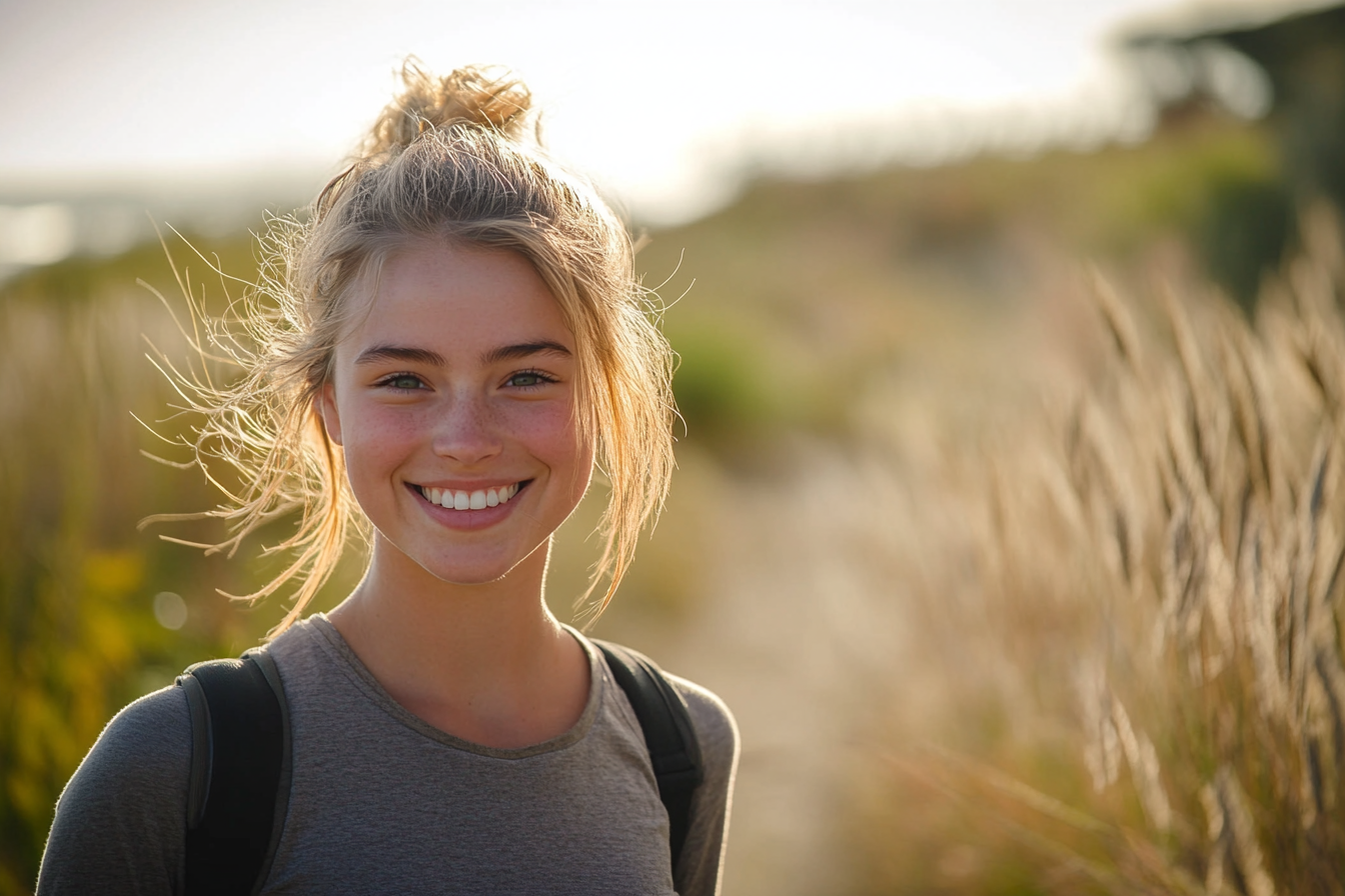 Eine junge Frau lächelt, während sie auf einem Weg geht | Quelle: Midjourney