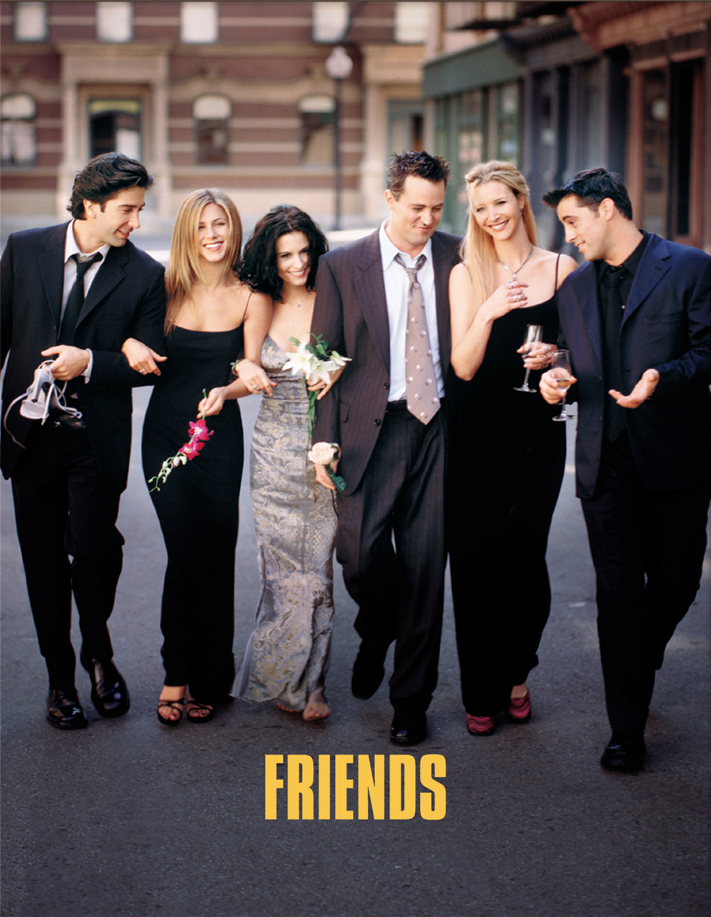 Friends-Darsteller, David Schwimmer, Jennifer Aniston, Courteney Cox, Matthew Perry, Lisa Kudrow und Matt Leblanc (von links nach rechts) | Quelle: Getty Images