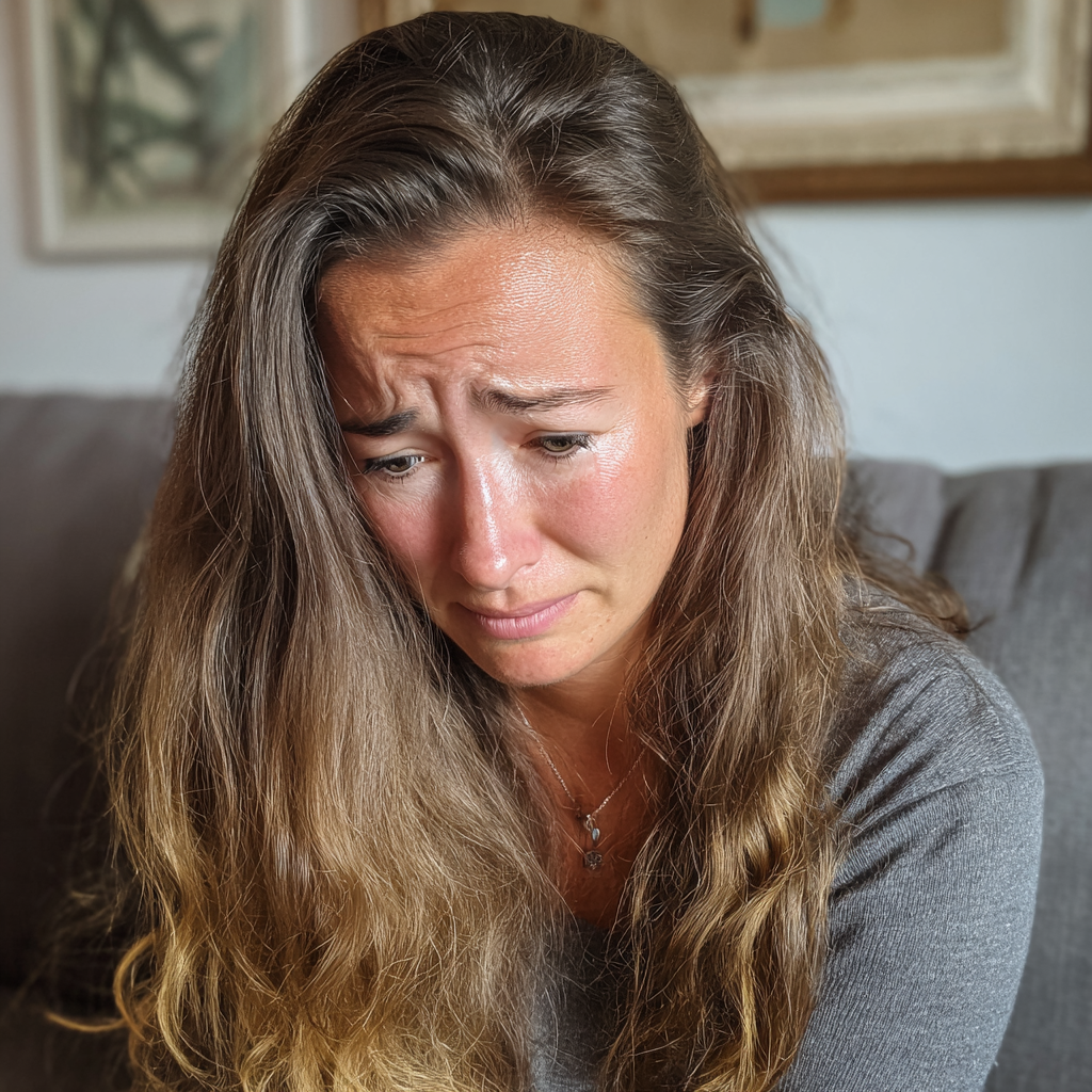 Eine weinende Frau, die auf einer Couch sitzt | Quelle: Midjourney