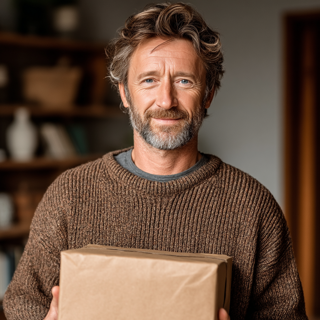 Ein glücklicher Mann, der ein Geschenk hält | Quelle: Midjourney
