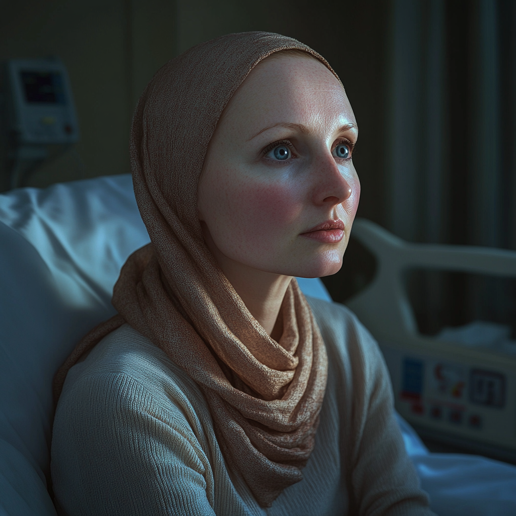 Eine traurige Frau sitzt in ihrer Krankenstation | Quelle: Midjourney