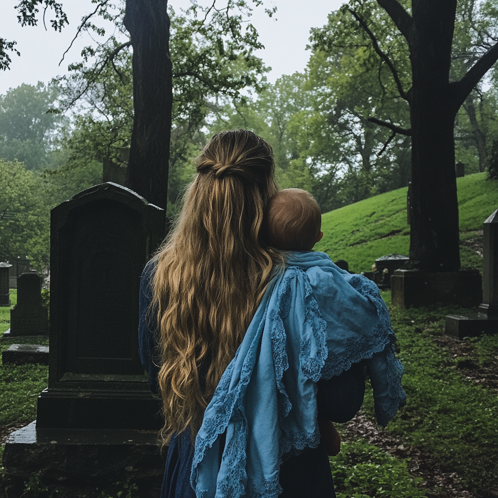 Eine Frau und ein Baby auf einem Friedhof | Quelle: Midjourney