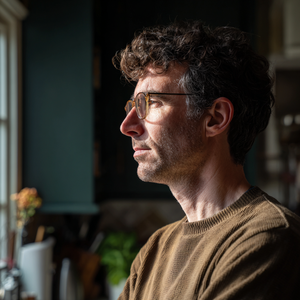 Zamyślony mężczyzna wyglądający przez okno | Źródło: Midjourney