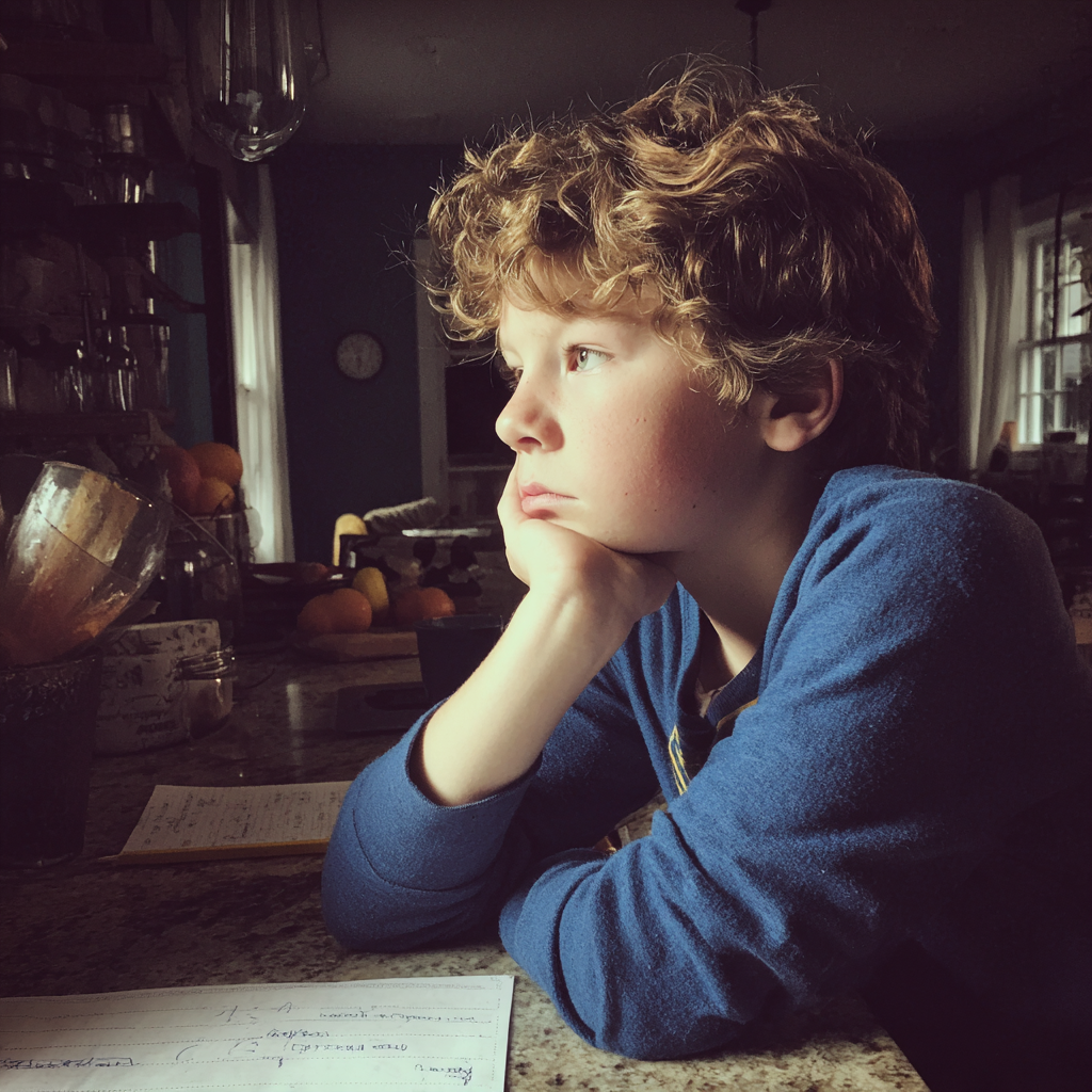 Ein Junge sitzt an einem Küchentisch | Quelle: Midjourney